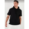 Unisex Kapşonlu Kısa Kol Düz Oversize T-shirt - Siyah