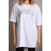Unisex Taş Desenli Oversize T-Shirt - Beyaz