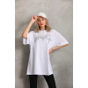 Unisex Taş Desenli Oversize T-Shirt - Beyaz