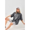 Unisex Taş Desenli Oversize T-Shirt - Füme