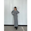 V Yaka Fitilli Uzun Elbise- Gri