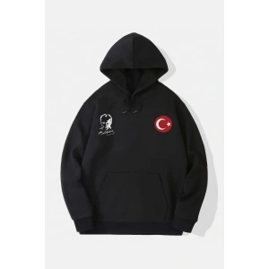 10 Kasıma Özel Üç İplik Kapüşonlu Baskılı SweatShirt - Siyah