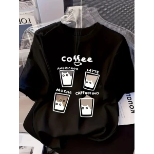 20/1 Penye Compack Baskılı Oversize Bisiklet Yaka Kısa Kol Yazlık T-shirt - Siyah