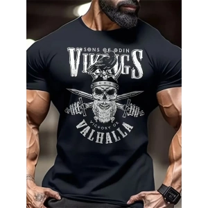 20/1 Penye Compack Vikings Valhalla Baskılı Oversize Bisiklet Yaka T-shirt - Siyah