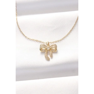 316L Çelik Gold Renk Zirkon Taşlı Fiyonk Kolye