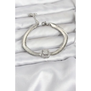 316L Çelik Gümüş Renk Baget Zirkon Taşlı Yılan Zincirli Kadın Bileklik