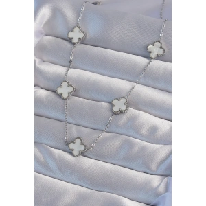 316L Çelik Gümüş Renk Beyaz Sedefli Yonca Kolye