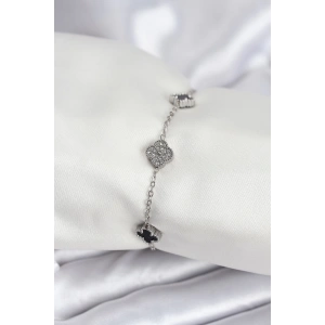 316L Çelik Gümüş Renk Siyah ve Zirkon Taşlı Baby Boy Yonca Kadın Bileklik