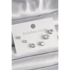 316L Çelik Gümüş Renk Zirkon Taşlı Kalp Model Kadın Küpe Seti