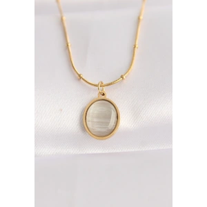 316L Çelik Zincir Altın Renk Gri Sedefli Oval Figürlü Kolye