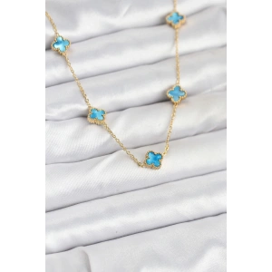 316L Çelik Zincir Gold Renk Buz Mavisi Baby Boy Yonca Kadın Kolye