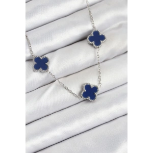 316L Çelik Zincir Gümüş Lacivert Renk Yonca Kadın Kolye