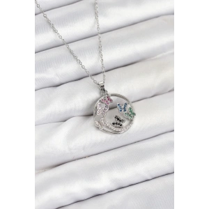 316L Çelik Zincir Gümüş Renk Zirkon Taşlı Kelebekli Kadın Kolye