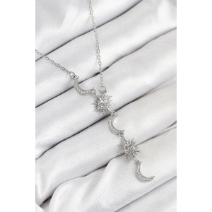 316L Çelik Zirkon Taşlı Güneş Ve Ay Model Gümüş Renk Kadın Kolye