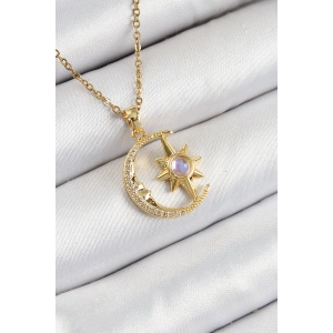 316L Çelik Zirkon Taşlı Kutup Yıldızlı Hilal Model Gold Renk Kadın Kolye