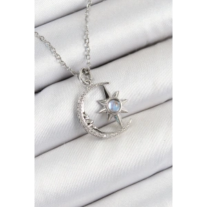 316L Çelik Zirkon Taşlı Kutup Yıldızlı Hilal Model Gümüş Renk Kadın Kolye