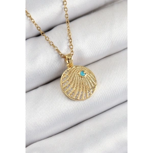 316L Çelik Zirkon Taşlı Madalyon Model Gold Renk Kadın Kolye