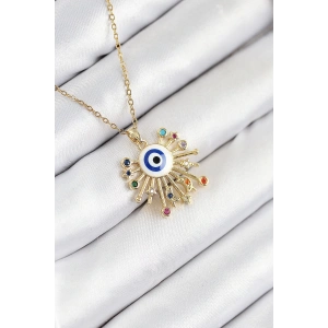 316L Çelik Zirkon Taşlı Nazar Model Gold Renk Kadın Kolye