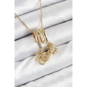 316L Çelik Zirkon Taşlı Sallantılı Kalp Ve Güneş Model Gold Renk Kadın Kolye