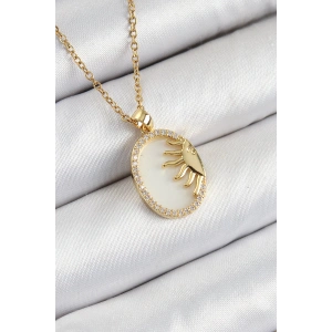 316L Çelik Zirkon Taşlı Yarım Güneş Model Gold Renk Kadın Kolye