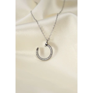 Çelik Silver Renk Zirkon Taşlı Çivi Model Kadın Kolye