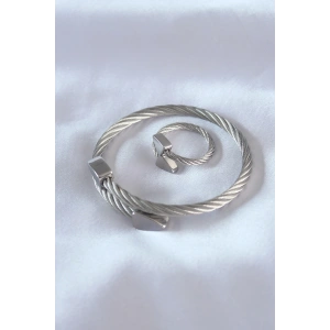 Çelik Gümüş Renk Burgu Model Erkek Bileklik Yüzük Seti