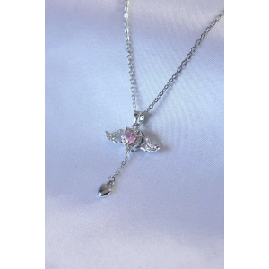 316L Çelik Gümüş Renk Kanatlı Kalp Figür Zirkon Taş Detay Kadın Kolye