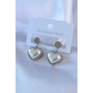 316L Çelik Gümüş Renk İncili Kalp Model Kadın Küpe