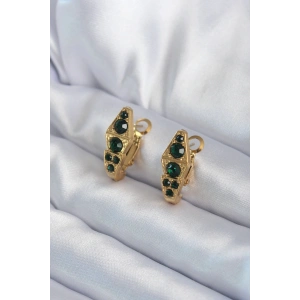 316L Çelik Gold Renk Yeşil Kristal Taş Detay Yılan Model Kadın Küpe