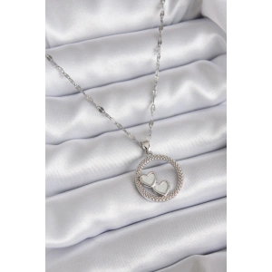 316L Çelik Zincir Gümüş Renk İşleme Detay Halka Kalp Model Kadın Kolye