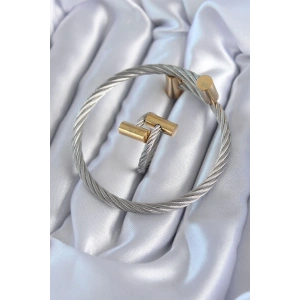 316L Çelik Gümüş Renk Gold Detay Sarmal Model Erkek Bileklik Yüzük Kombini