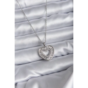 316L Çelik Zincir Gümüş Renk Baget Zirkon Taşlı Kadın Kolye