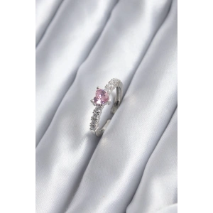 Gümüş Renk Zirkon Taşlı Pembe Kristal Kalp Model Kadın Yüzük