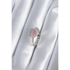 Pirinç Gümüş Renk Pembe Zirkon Taş Kalp Charm Model Kadın Yüzük