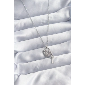 316L Çelik Zincir Gümüş Renk Zirkon Taşlı Kalp & Anahtar Model Kadın Kolye