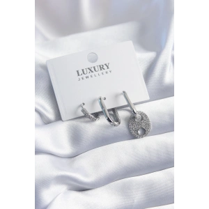 Pirinç Gümüş Renk Zirkon Taşlı 3lü Kadın Küpe Seti