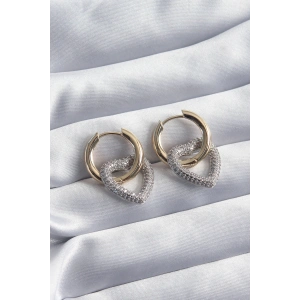 Pirinç Gold Renk Halka Gümüş Zirkon Taşlı Kalp Model VİP Seri Kadın Küpe