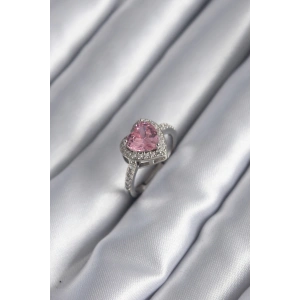 Gümüş Renk Pembe Zirkon Taşlı Charm Kalp Model Kadın Yüzük