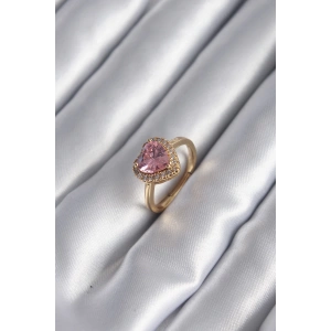 Pirinç Gold Renk Pembe Zirkon Taş Kalp Charm Model Kadın Yüzük