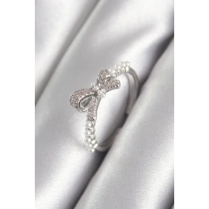 Pirinç Gümüş Renk Zirkon Taşlı İnci Detay Kadın Yüzük