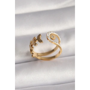 316L Çelik Gold Renk Zirkon Taşlı Yaprak Model Kadın Yüzük