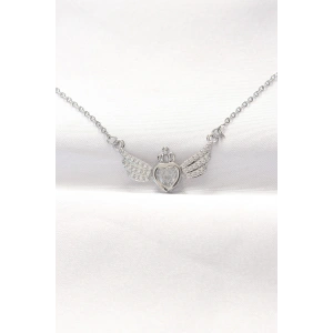 316L Çelik Silver Renk Zirkon Taşlı Kalpli Kanat Kolye