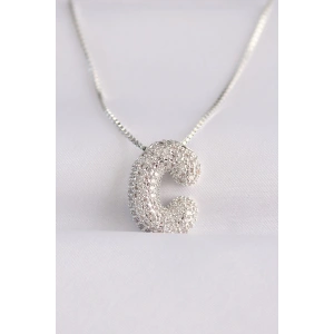 316L Çelik Zincirli Zirkon Taşlı C Harfli Silver Renk Bubble Kolye