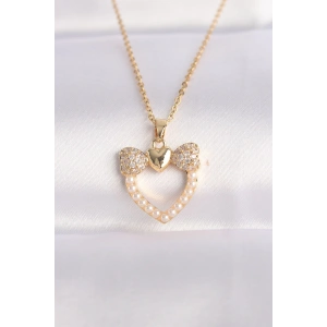 316L Çelik Zincir Altın Renk İnci Taş Detay Zirkon Taşlı Kalp Kolye
