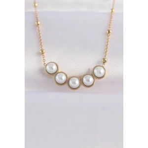 316L Çelik Zincir Altın Renk Sıralı İnci Taşlı Kolye