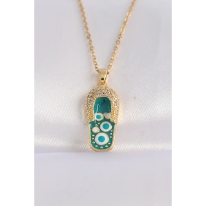 316L Çelik Zincir Zirkon Taşlı Altın Renk Nazarlı Terlik Tasarımlı Kolye