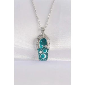 316L Çelik Zincir Zirkon Taşlı Gümüş Renk Nazarlı Terlik Tasarımlı Kolye