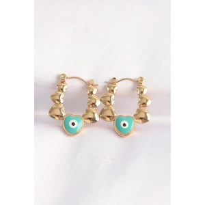 316L Çelik Gold Renk Mavi Nazarlı Kalpli Model Küpe