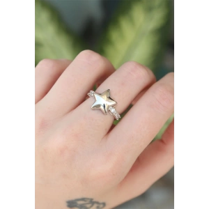 Pirinç Gümüş Renk Ayarlanabilir Zirkon Taşlı Yıldız Yüzük