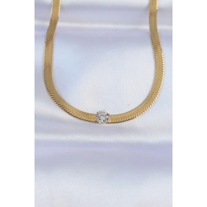 316L Çelik Gold Renk Tek Zirkon Taşlı İtalyan Zincir Kolye